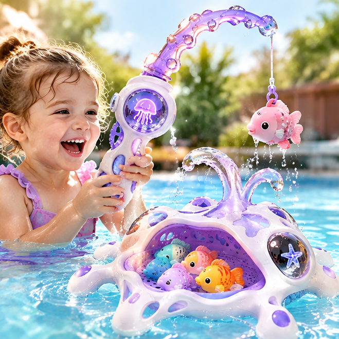 Magical Fishing & Ocean Cave Bath Toy Set - Interactive Magnetic Fishing Rod with Glowing Jellyfish Design, Floating Cave House & Colorful Swimming Fish - Toddler Bathtub & Pool Water Play Set