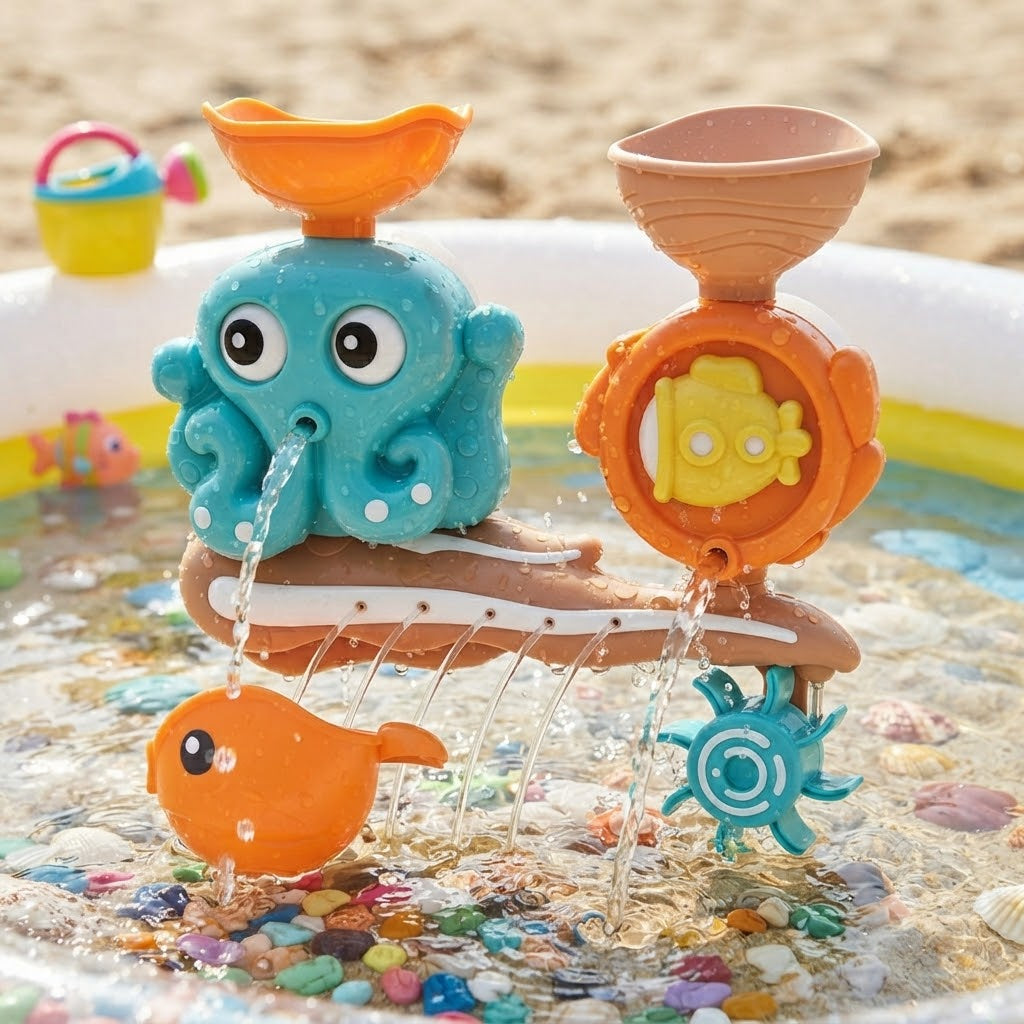 2Pcs Suction Cup Bath Toys for Toddlers – Interactive Octopus & Crab Water Play Set with Water Scoop, Rotating Bathtub Toys for Kids