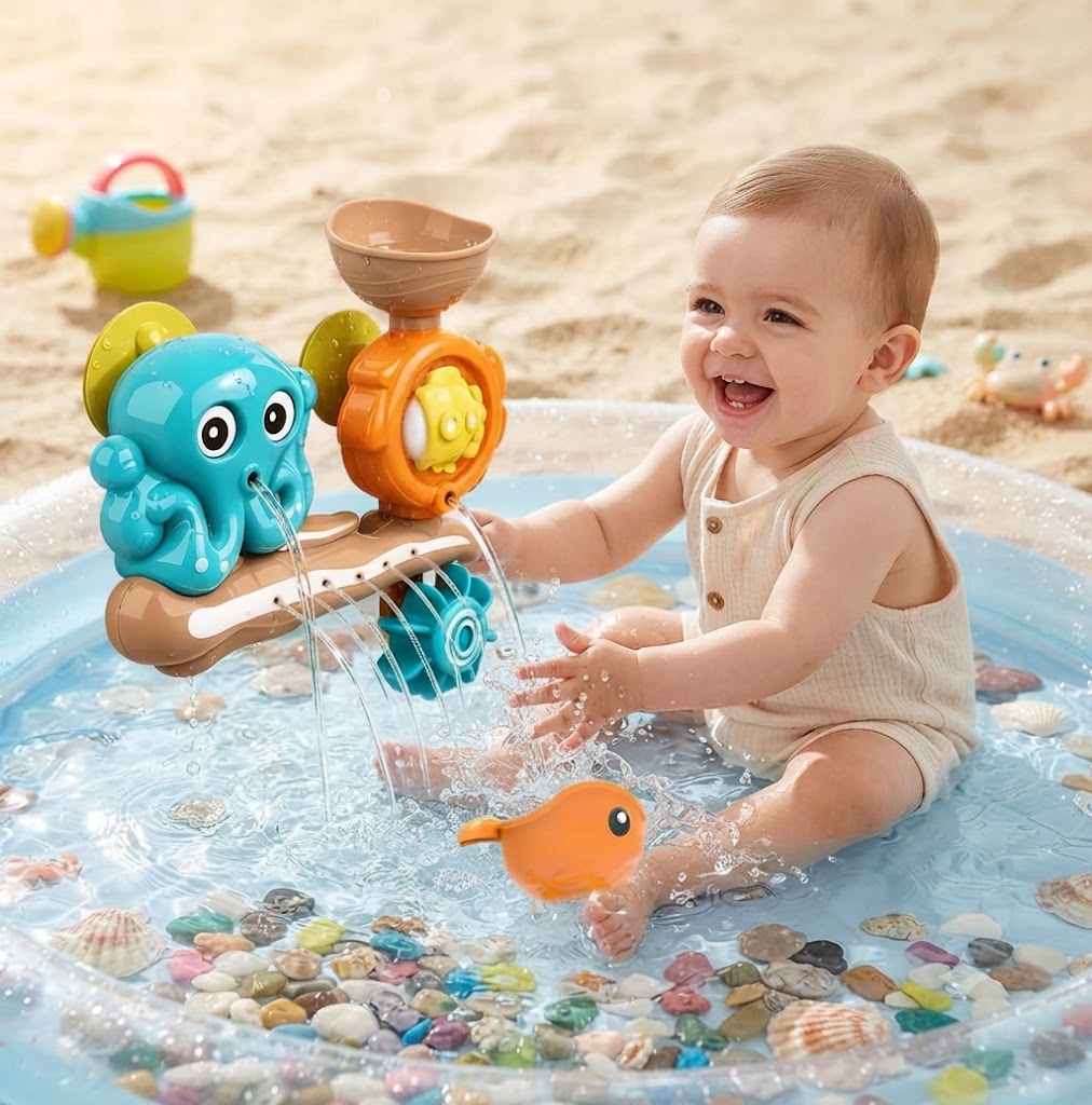 2Pcs Suction Cup Bath Toys for Toddlers – Interactive Octopus & Crab Water Play Set with Water Scoop, Rotating Bathtub Toys for Kids