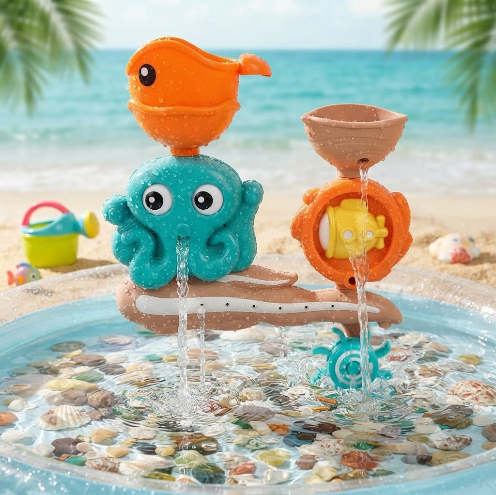 2Pcs Suction Cup Bath Toys for Toddlers – Interactive Octopus & Crab Water Play Set with Water Scoop, Rotating Bathtub Toys for Kids