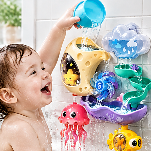 Bath Time Waterfall Station - Interactive Wall Toy with Cloud Rainmaker, Spinning Gear Wheel, Cascading Tracks, Jellyfish Shower & Submarine Sprayer - Toddler Bathtub Educational Water Toy Set