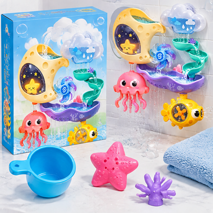 Bath Time Waterfall Station - Interactive Wall Toy with Cloud Rainmaker, Spinning Gear Wheel, Cascading Tracks, Jellyfish Shower & Submarine Sprayer - Toddler Bathtub Educational Water Toy Set
