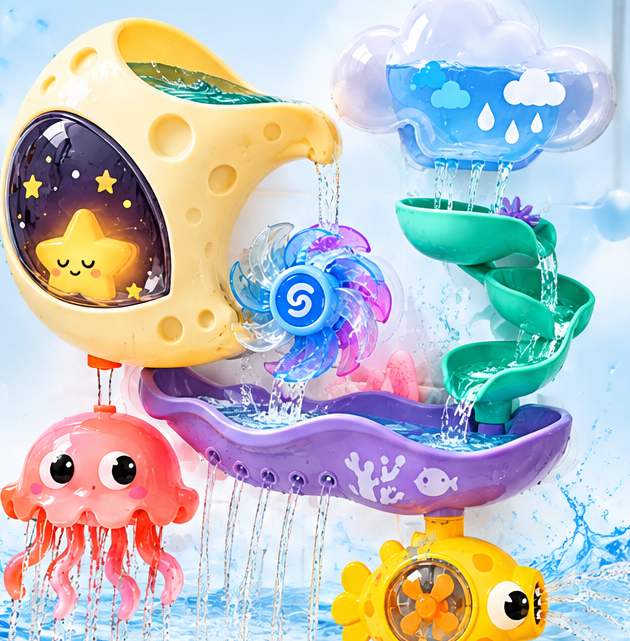 Bath Time Waterfall Station - Interactive Wall Toy with Cloud Rainmaker, Spinning Gear Wheel, Cascading Tracks, Jellyfish Shower & Submarine Sprayer - Toddler Bathtub Educational Water Toy Set
