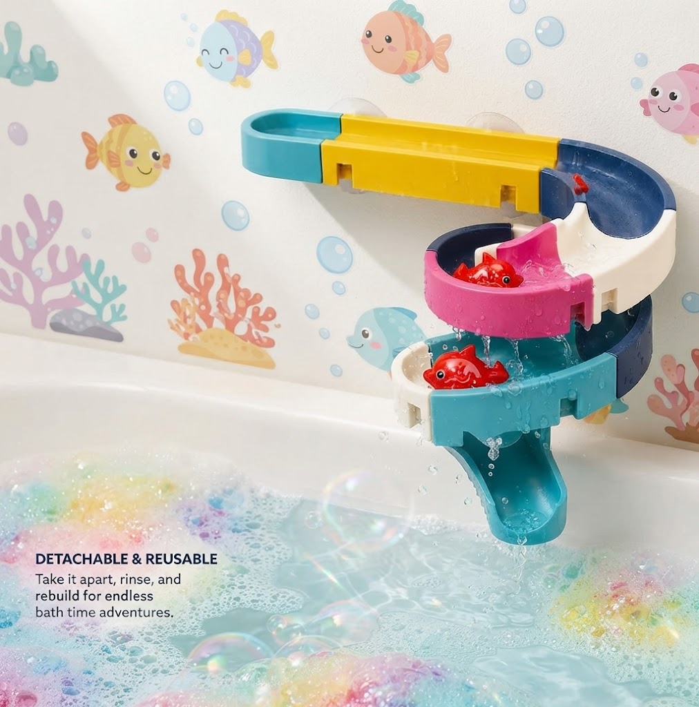 Colorful DIY Bathtub Water Slide Toy – Suction Cup Assembly Bath Track with Spinning Fish, Fine Motor Educational Toys for Kids