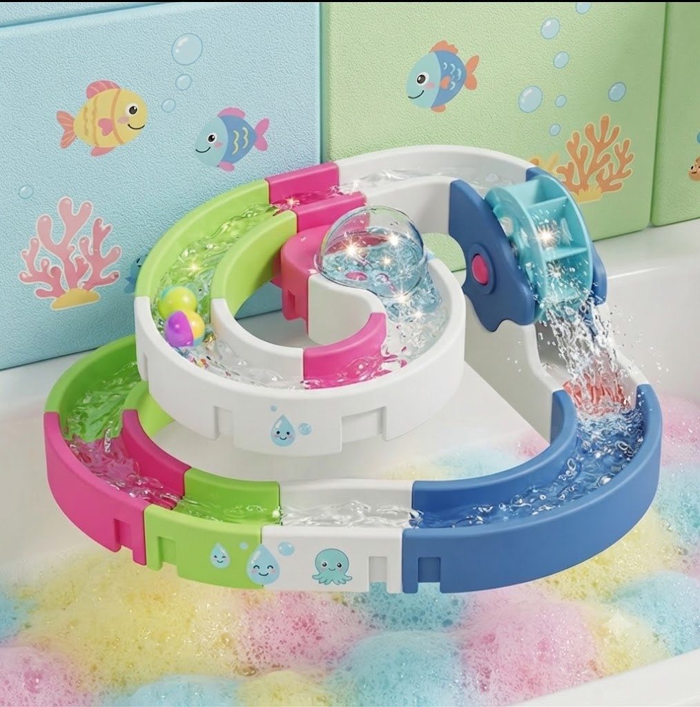 Colorful DIY Bathtub Water Slide Toy – Suction Cup Assembly Bath Track with Spinning Fish, Fine Motor Educational Toys for Kids