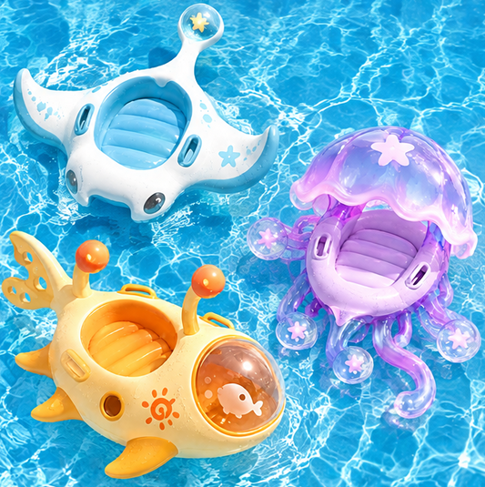 Kids Inflatable Pool Floats - Cute Cartoon Ocean Animal Designs (Manta Ray, Jellyfish, and Submarine) with Comfortable Seats and Safety Handles for Toddler Summer Water Play & Pool Parties