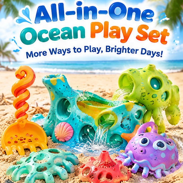Kids Ocean Explorer Sand and Water Toy Bundle - Interactive Waterfall Station, Pouring Container, and Mold Set for Beach Days and Sandbox Adventures