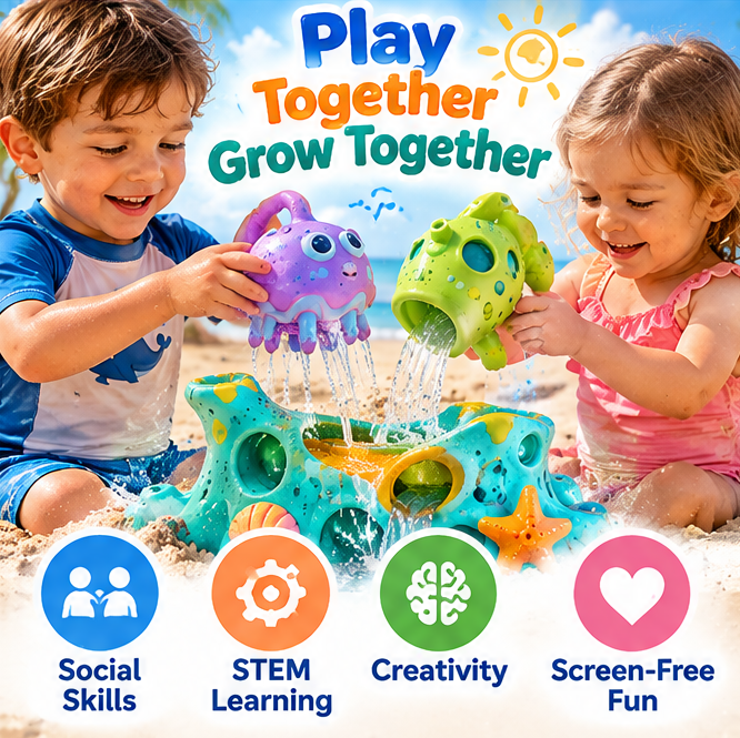 Kids Ocean Explorer Sand and Water Toy Bundle - Interactive Waterfall Station, Pouring Container, and Mold Set for Beach Days and Sandbox Adventures