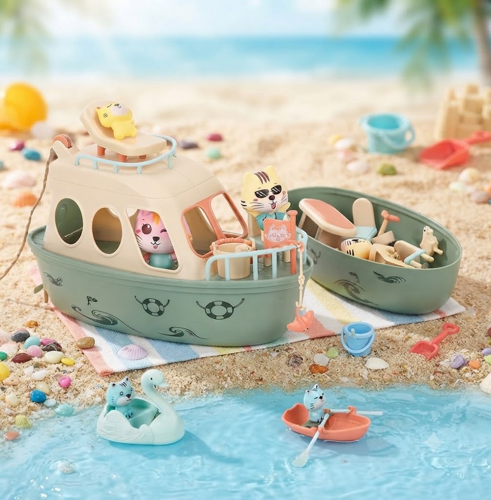 Kids Pirate Ship Cat Toy Playset – Pretend Play Kitten Figures & Accessories, Fun Party Favor & Gift for Boys