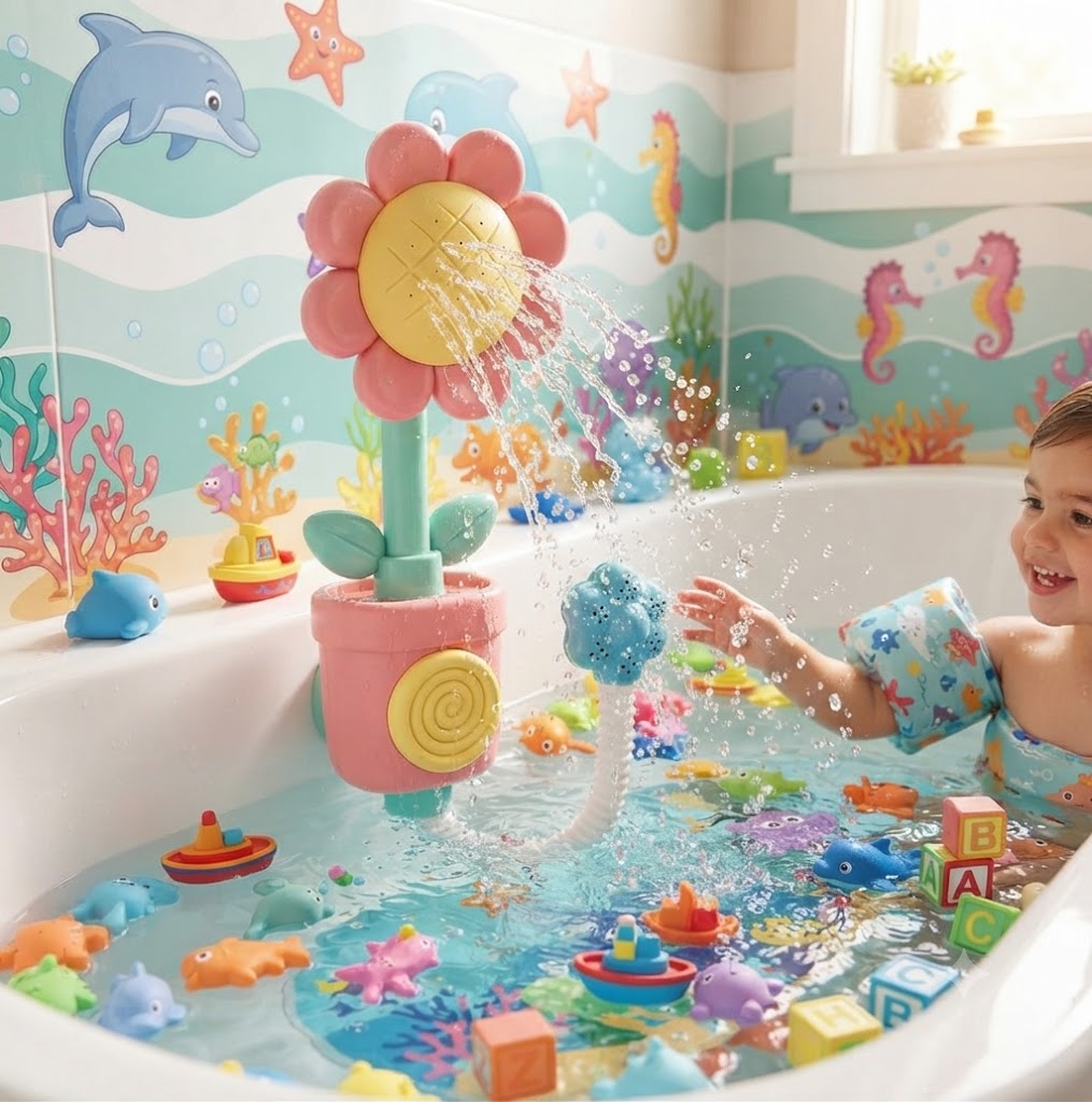 Sunflower Suction Cup Bath Toy for Toddlers – Interactive Spinning Water Wheel Toy, Fun Bathtub Birthday Gift for Kids