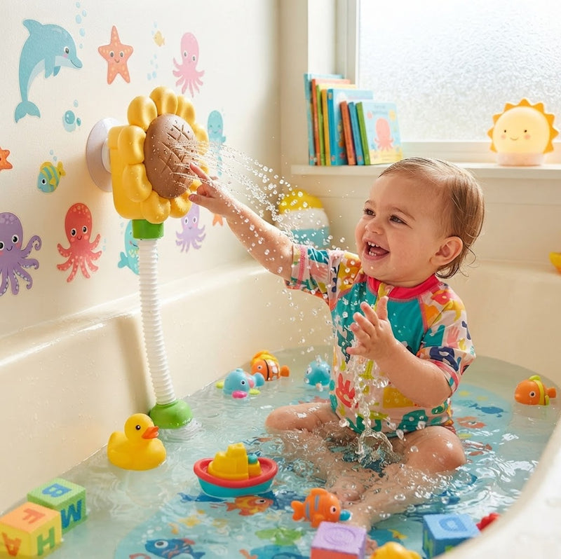 Sunflower Suction Cup Bath Toy for Toddlers – Interactive Spinning Water Wheel Toy, Fun Bathtub Birthday Gift for Kids