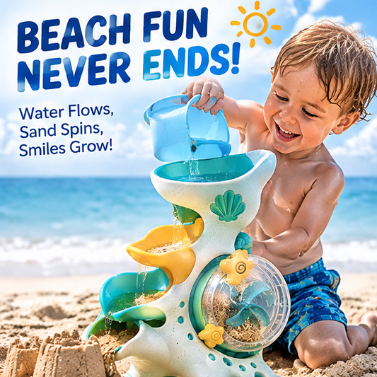 Waterfall Sand Lab - Multi-Tier Cascading Sand and Water Table Toy with Spinning Wheel, Funnels, and Shell Accents for Beach, Sandbox, and Outdoor Toddler Play