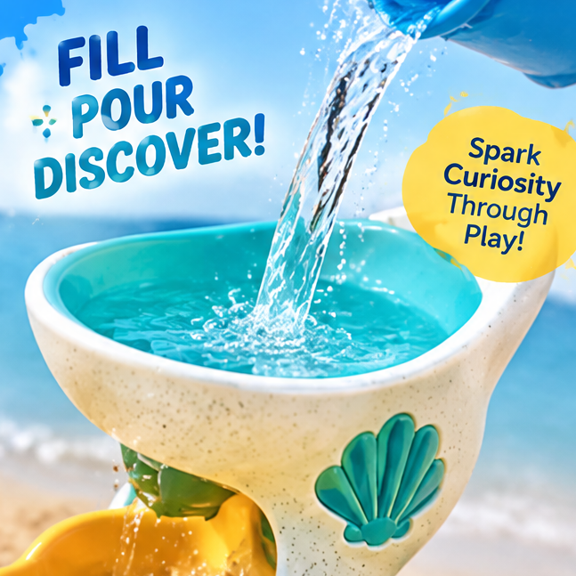 Waterfall Sand Lab - Multi-Tier Cascading Sand and Water Table Toy with Spinning Wheel, Funnels, and Shell Accents for Beach, Sandbox, and Outdoor Toddler Play