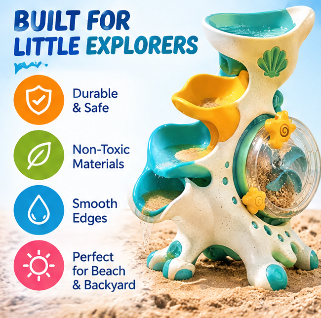 Waterfall Sand Lab - Multi-Tier Cascading Sand and Water Table Toy with Spinning Wheel, Funnels, and Shell Accents for Beach, Sandbox, and Outdoor Toddler Play